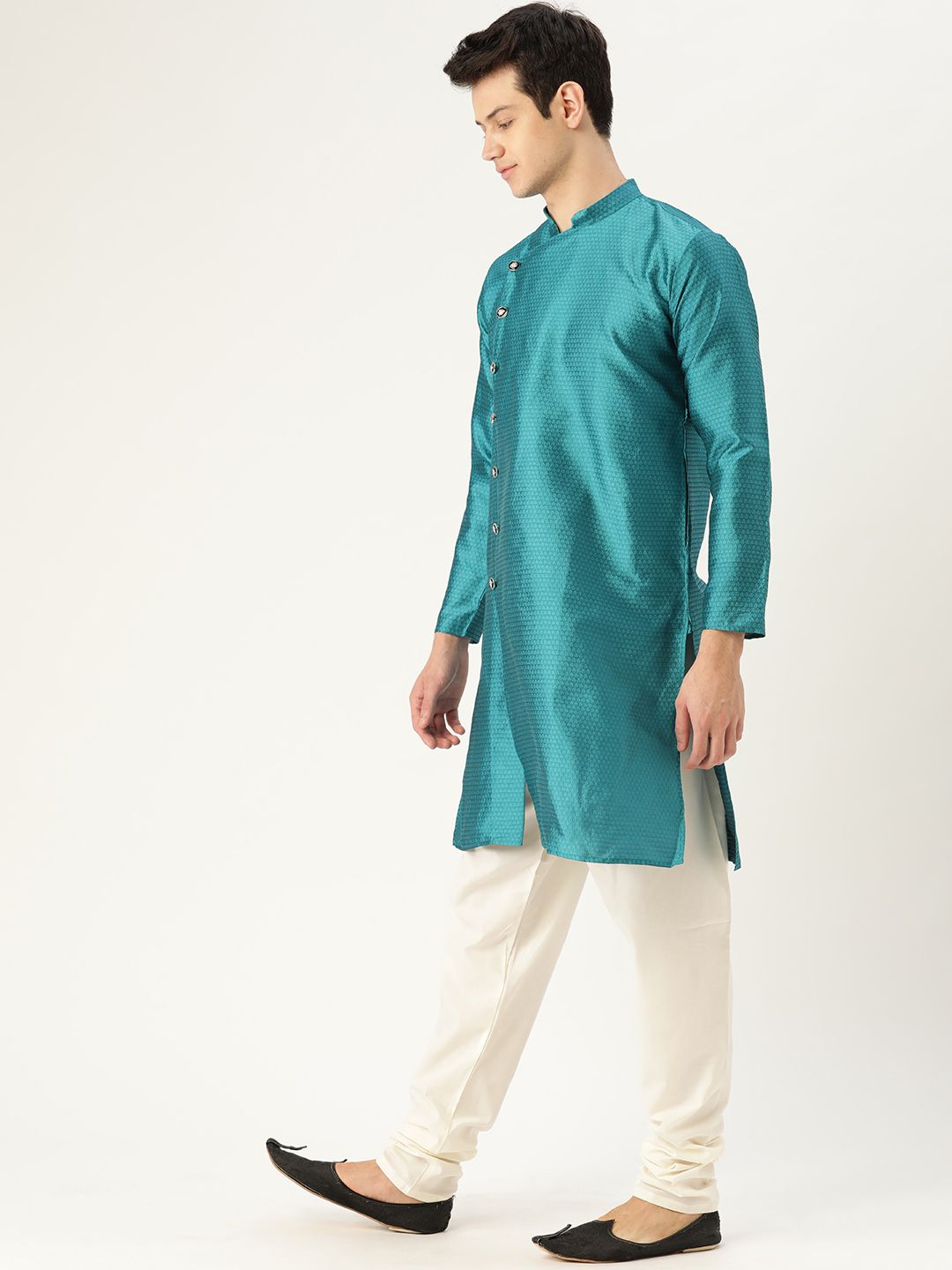 SOJANYA Men Teal Blue Woven Design Straight Kurta