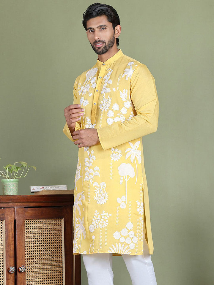 Jompers Floral Embroidered Band Collar Straight Kurta