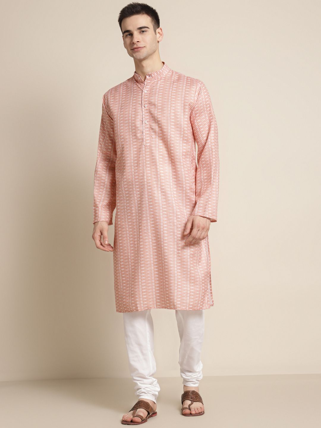 SOJANYA Men Peach-Coloured & White Pure Cotton Leheriya Printed Kurta