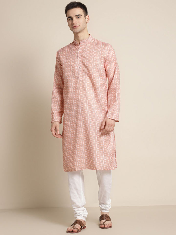 SOJANYA Men Peach-Coloured & White Pure Cotton Leheriya Printed Kurta