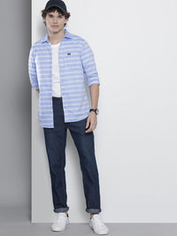 The Indian Garage Co Men Blue & White Slim Fit Striped Pure Cotton Casual Shirt