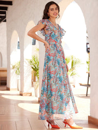STREET 9 Tropical Printed Flutter Sleeves Georgette Maxi Dress