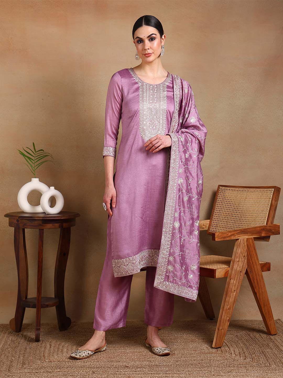 KALINI Floral Embroidered Sequinned Straight Kurta & Trousers With Dupatta