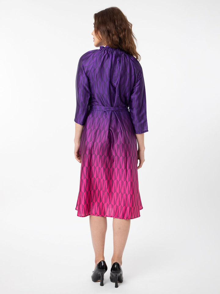 Rareism Abstract Printed Tie -Up Belted Neck A -Line Dress