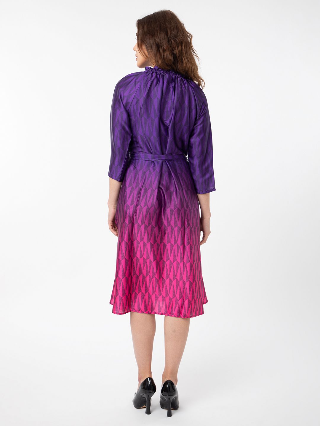 Rareism Abstract Printed Tie -Up Belted Neck A -Line Dress