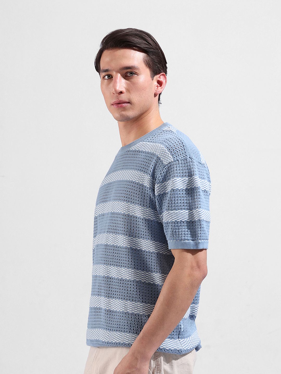 The Indian Garage Co Men Flat Knit Oversized Striped T-Shirt