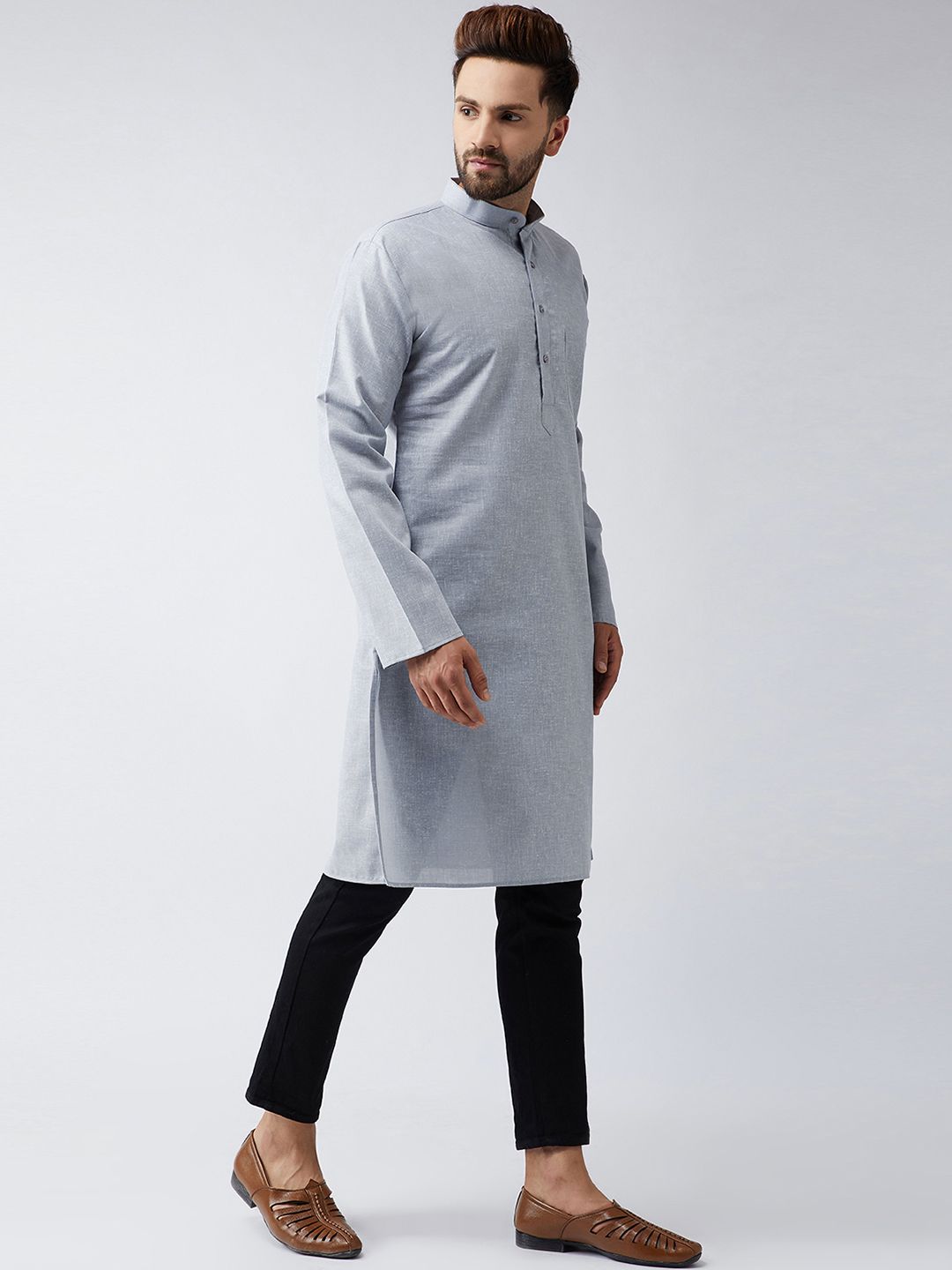 SOJANYA Men Grey Solid Straight Kurta
