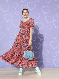 Miss Chase Women Elegant Multi-Coloured Floral Tiered Dress