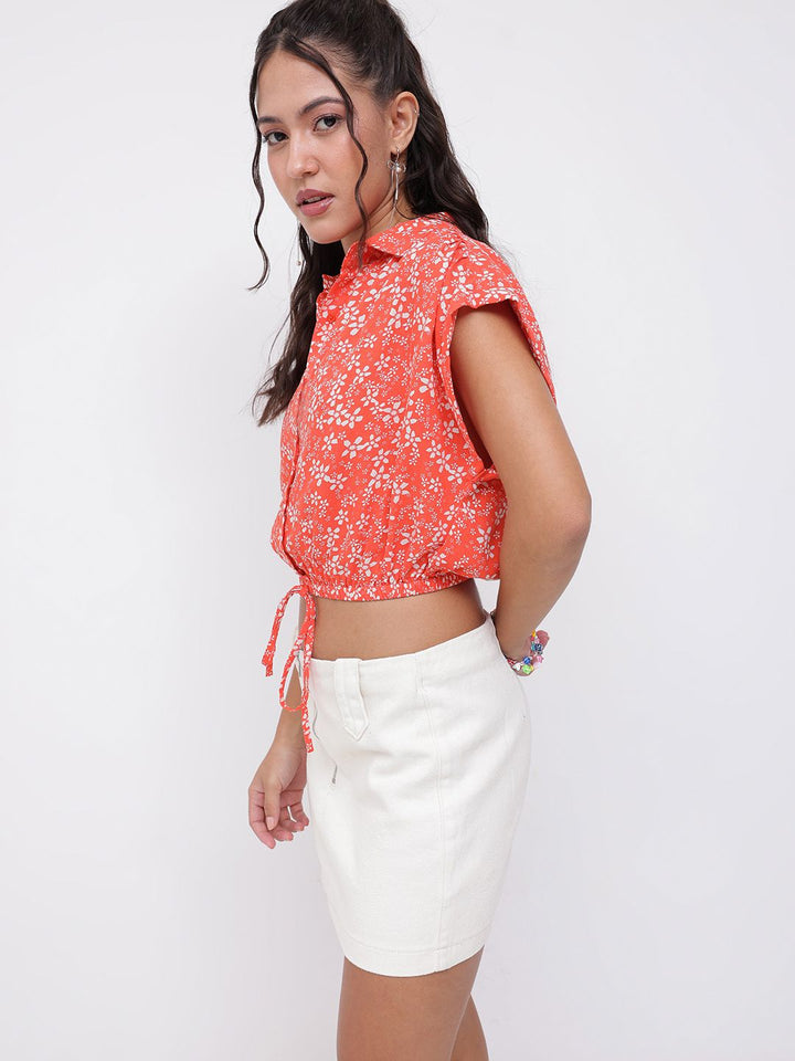 DressBerry Charming Bright Floral Printed Waist Tie Up Crop Top