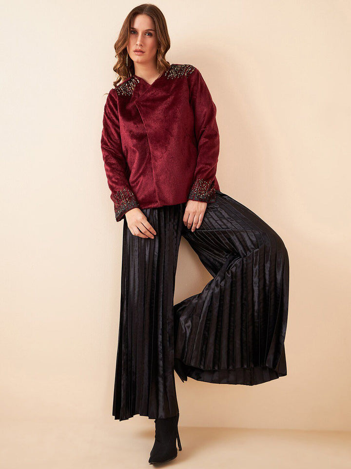 Antheaa Embellished Jacket With Pleated Palazzos