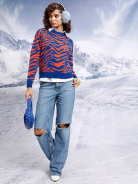 Tokyo Talkies Blue & Orange Animal Printed Acrylic Pullover Sweaters