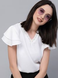 Style Quotient V-Neck Flutter Sleeves Blouson Top