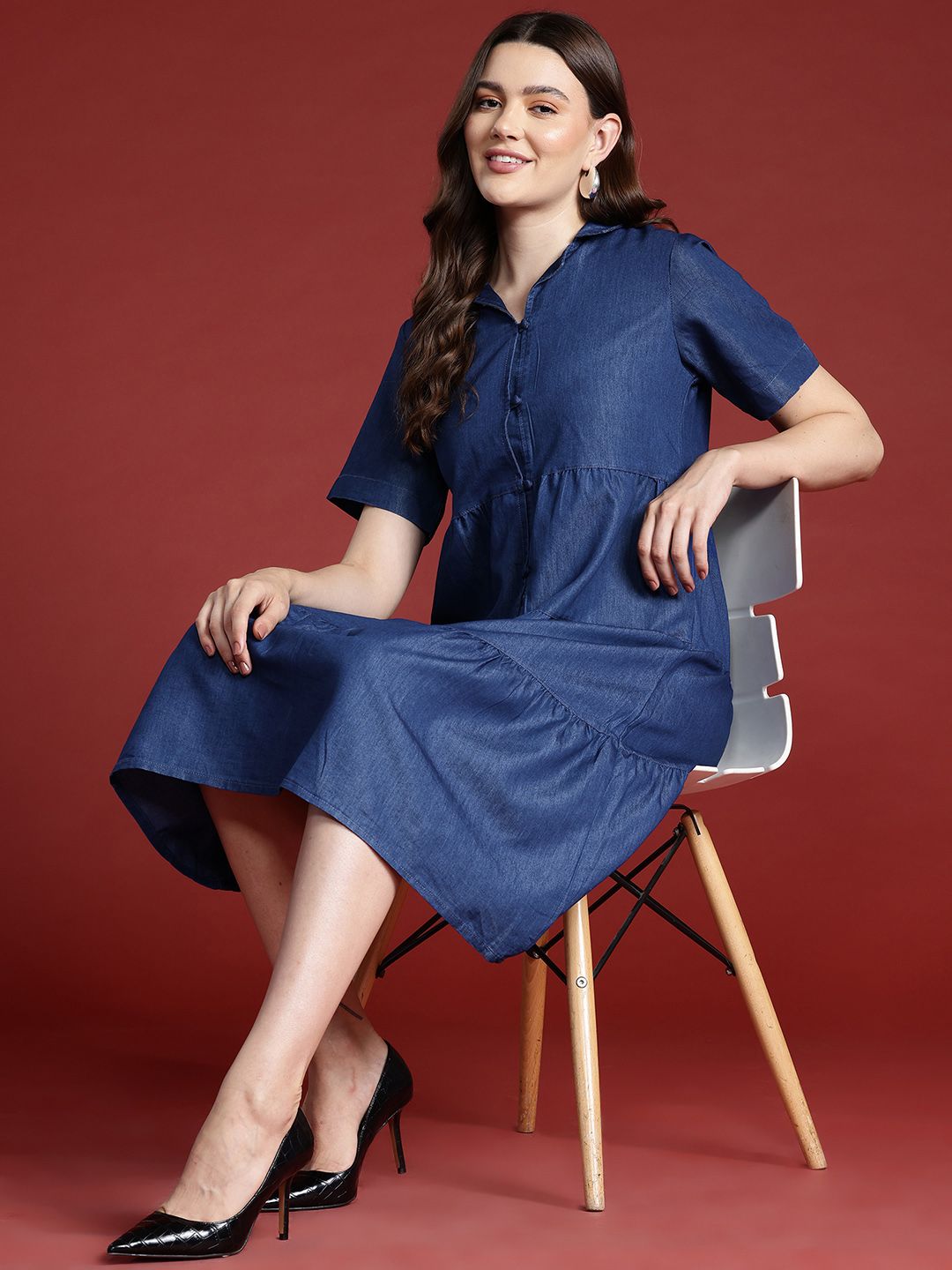 all about you Chambray A-Line Tiered Midi Dress