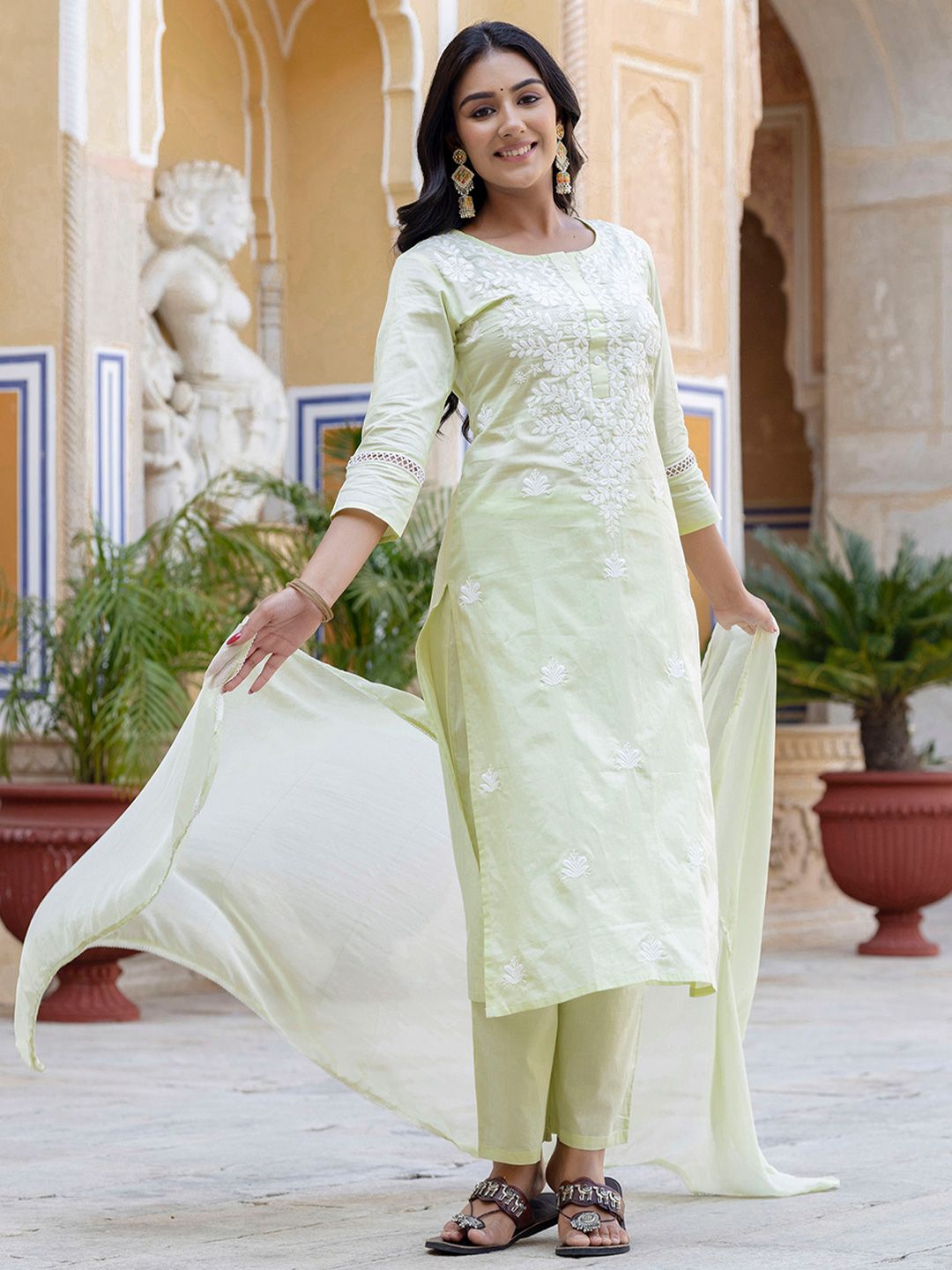 KALINI Floral Embroidered Thread Work Pure Cotton Straight Kurta With Trousers & Dupatta