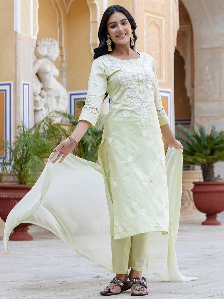 KALINI Floral Embroidered Thread Work Pure Cotton Straight Kurta With Trousers & Dupatta