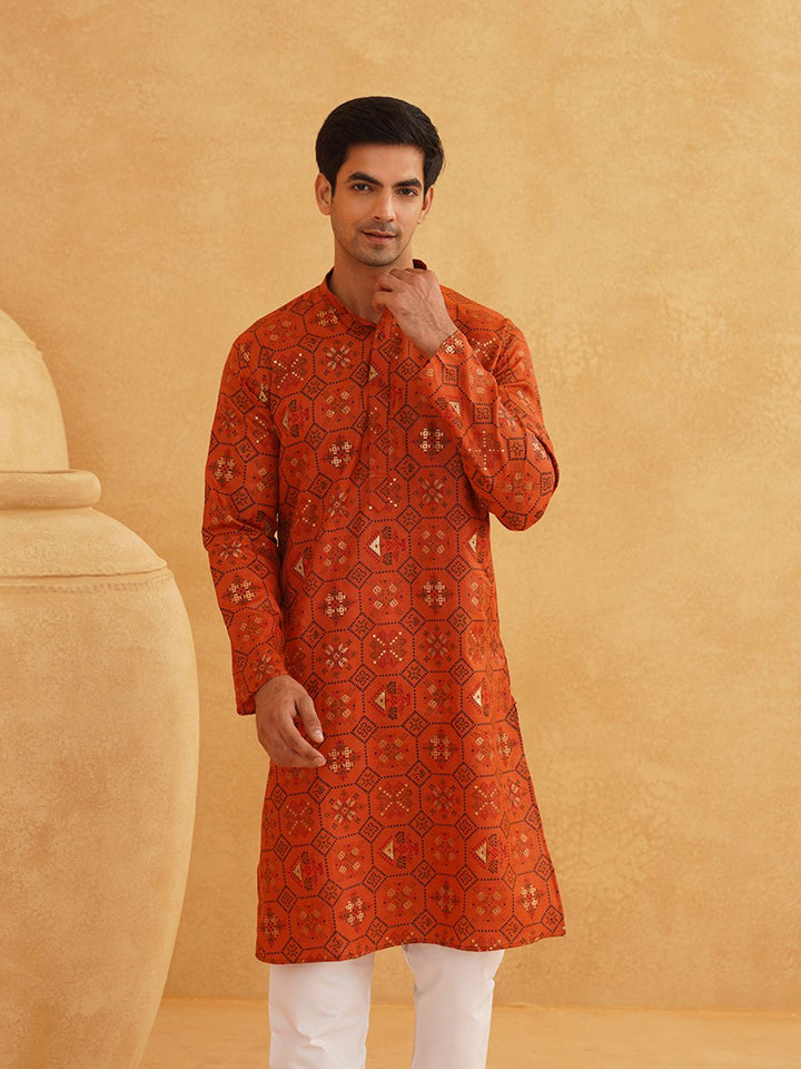 SOJANYA Men Orange & Black Geometric Printed Kurta