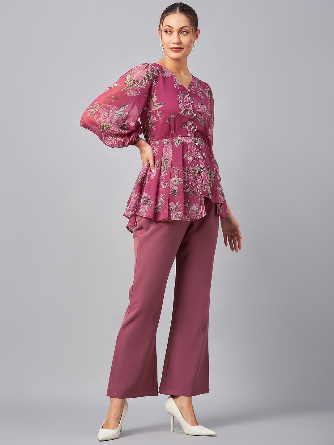 Antheaa Floral Printed V-Neck Tunic With Trousers