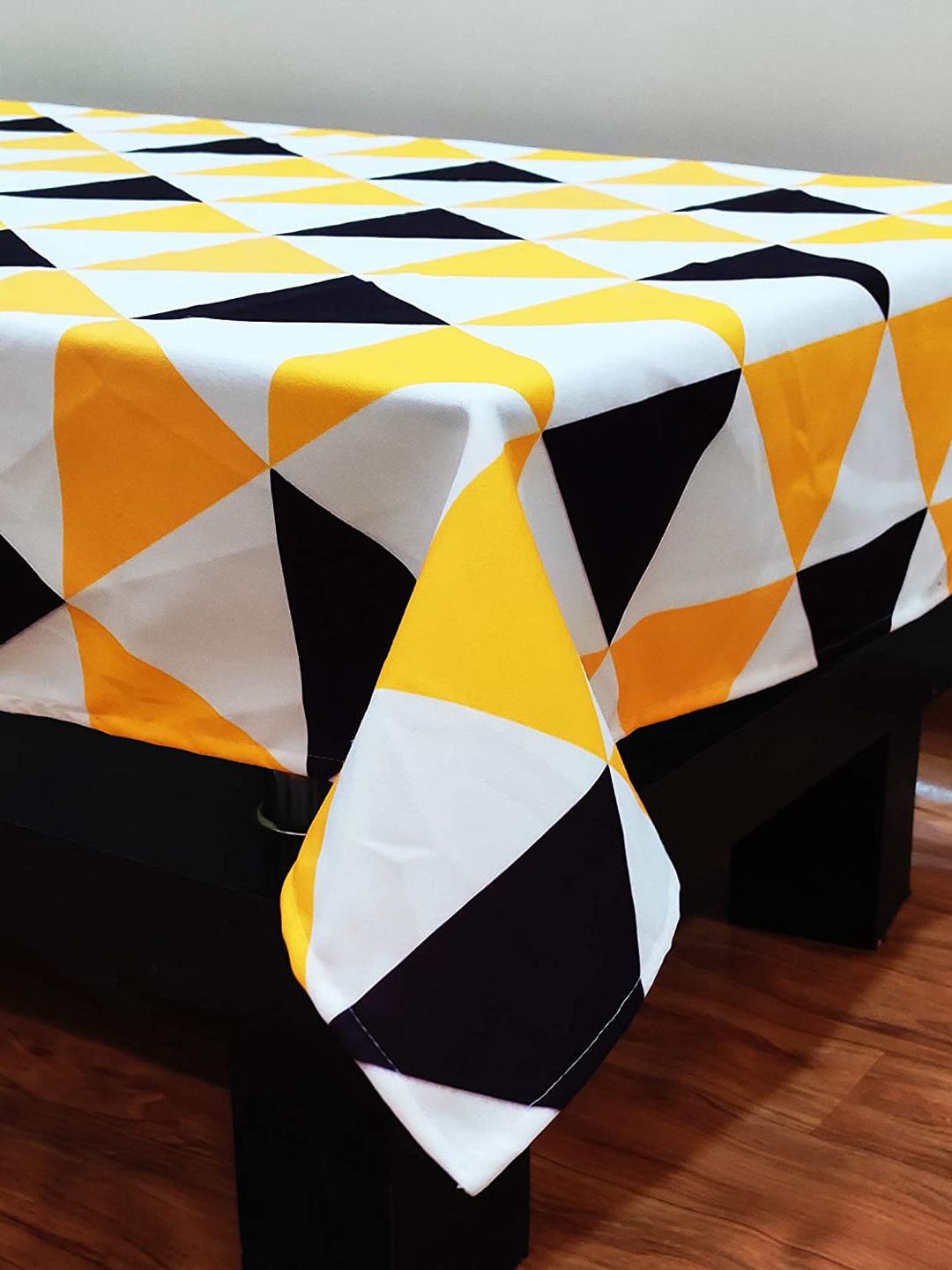STITCHNEST Yellow & Black Printed Cotton 4-Seater Table Cover