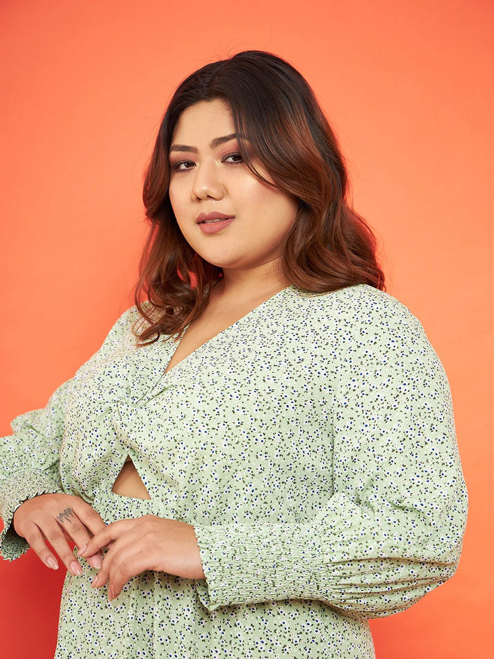 SASSAFRAS Curve Plus Size Floral Printed Crepe A-Line Dress