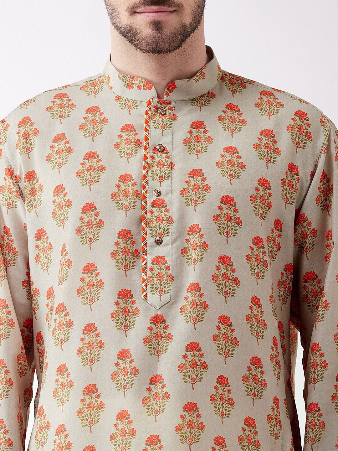 VASTRAMAY Men Beige Floral Thread Work Kurta