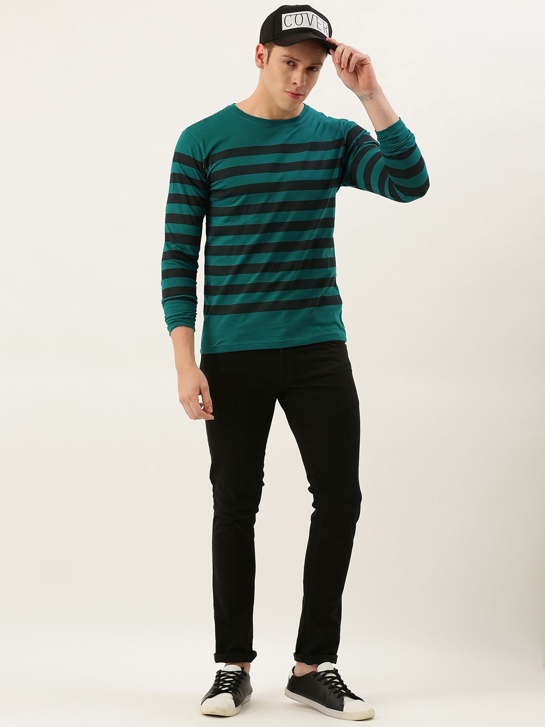 DILLINGER Men Teal Green  Black Striped Round Neck Pure Cotton T-shirt
