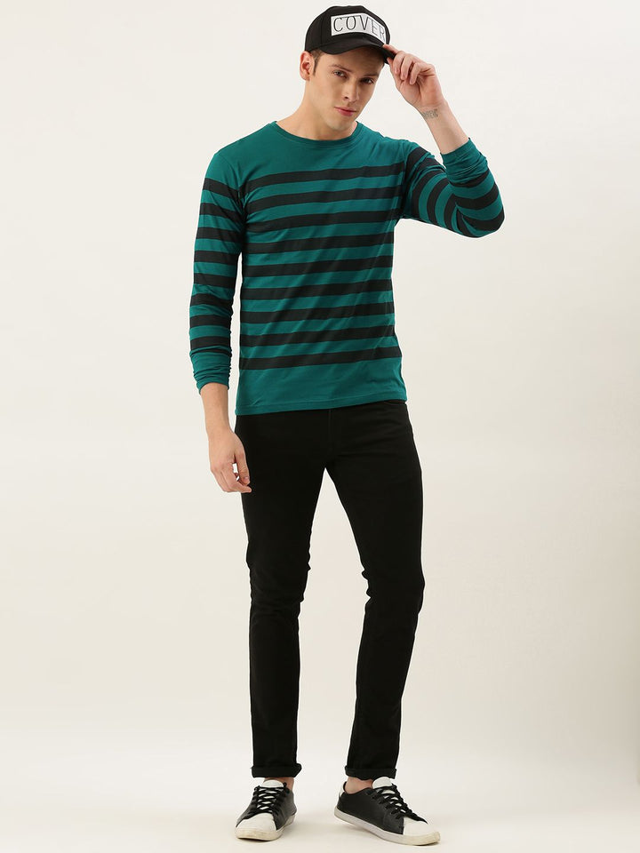 DILLINGER Men Teal Green  Black Striped Round Neck Pure Cotton T-shirt