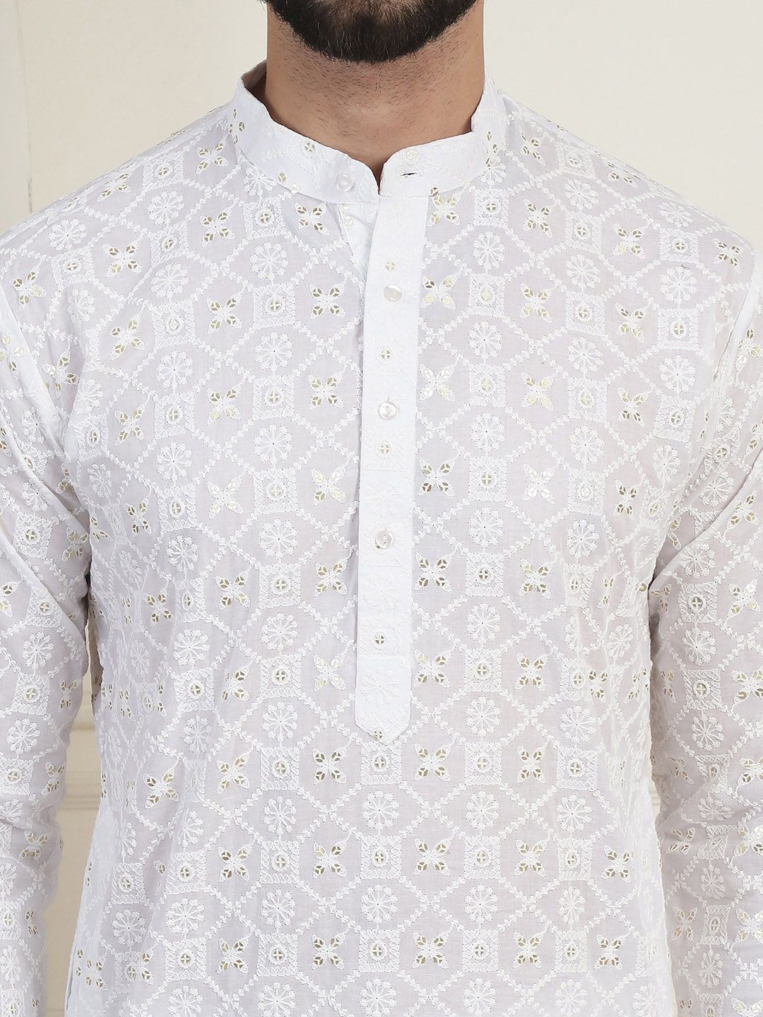 SOJANYA Ethnic Motifs Embroidered Mandarin Collar Sequined Pure Cotton Straight Kurta