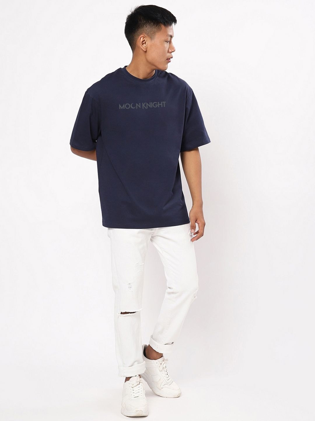 Bewakoof Men Navy Blue Printed Pure Cotton Oversized T-shirt