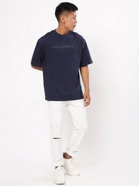 Bewakoof Men Navy Blue Printed Pure Cotton Oversized T-shirt