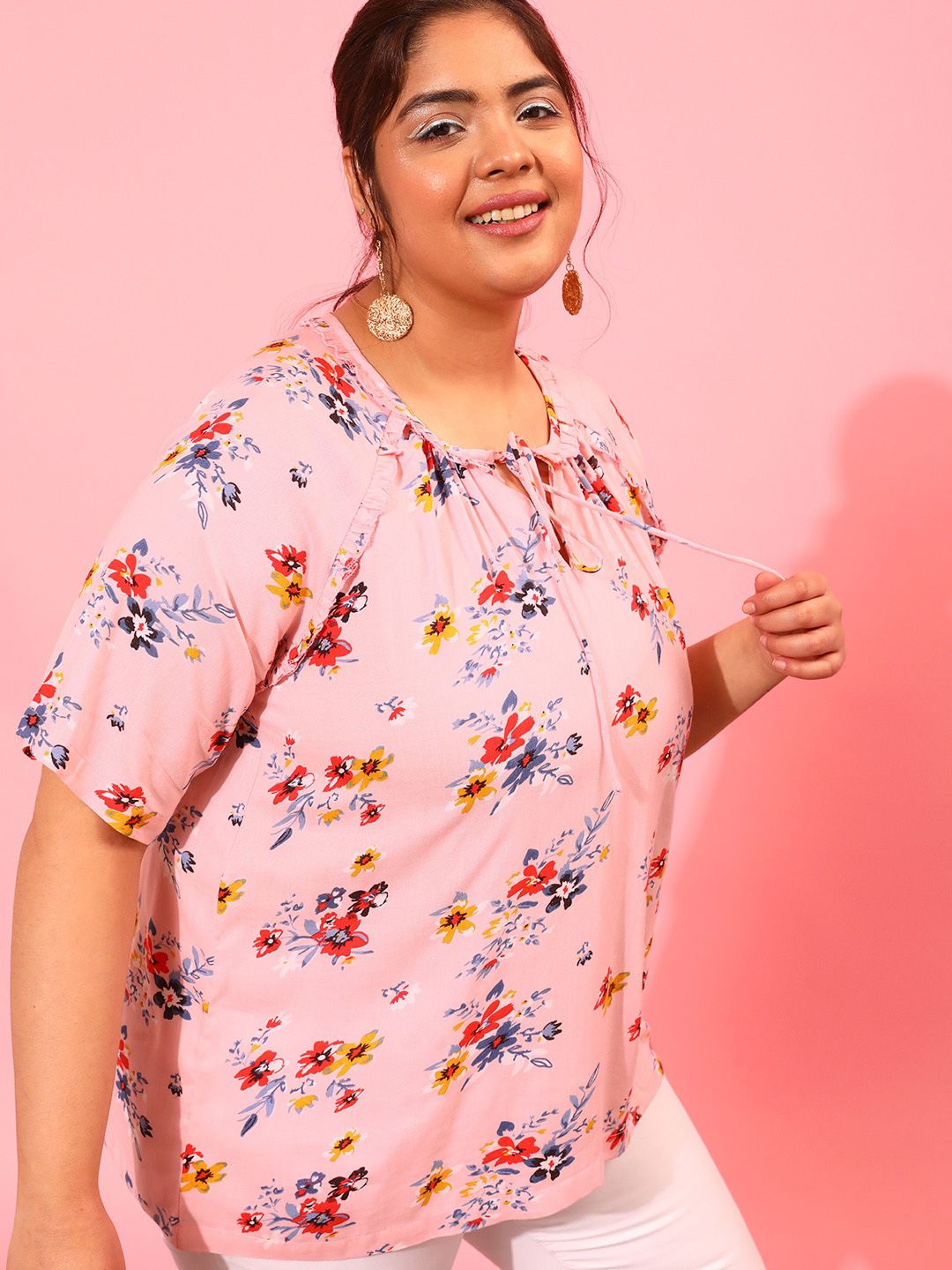 CURVY STREET Plus Size Floral Print Tie-Up Neck Top