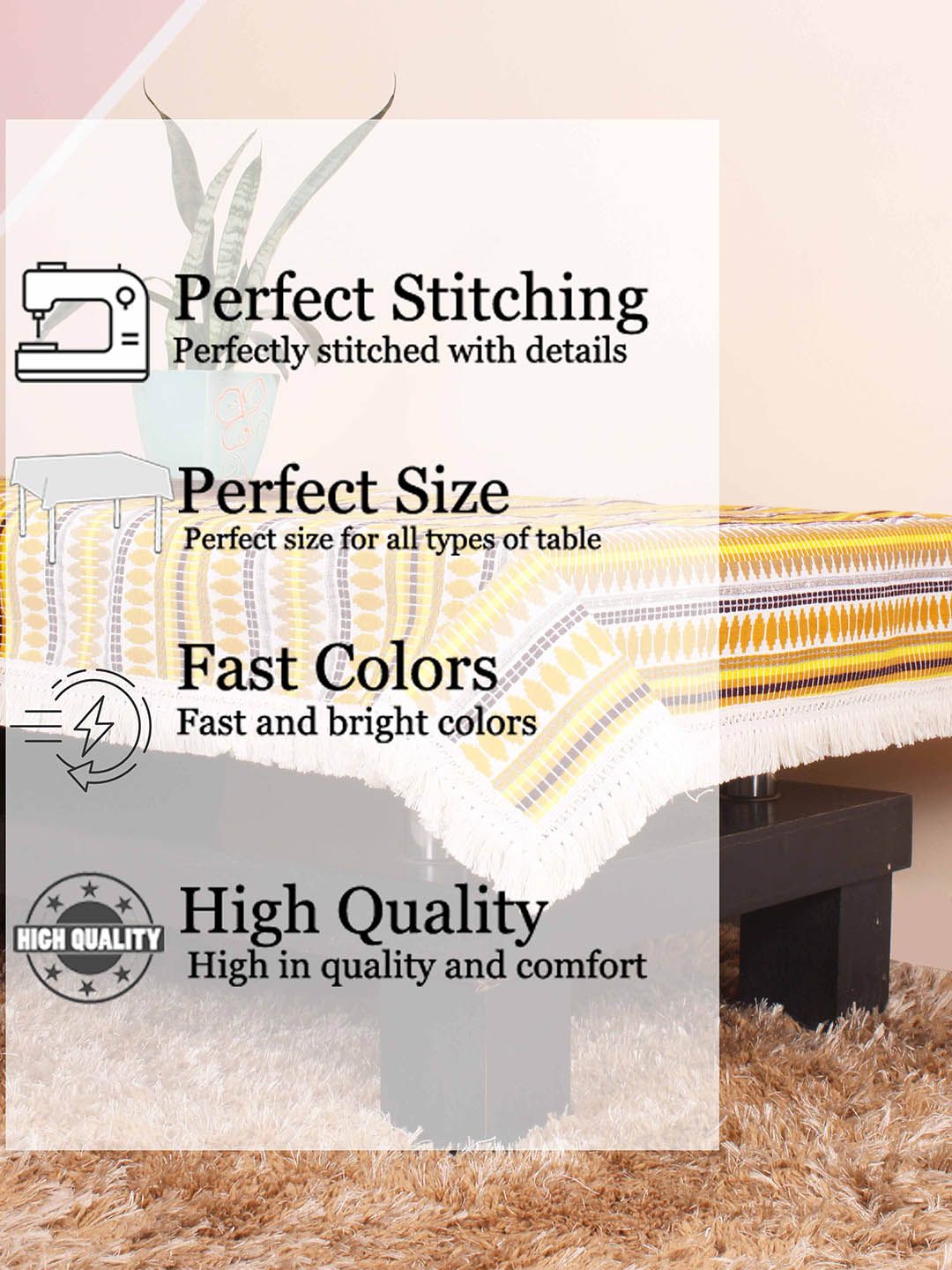 STITCHNEST Aztec Yellow & White 4-Seater Woven Table Cover With Lace  Border