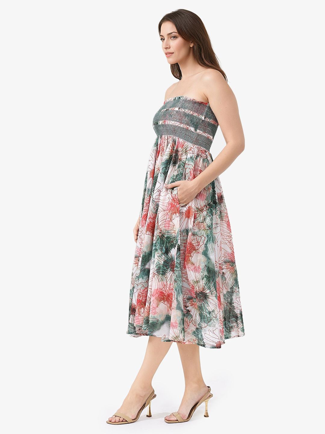 RAREISM Floral Printed Cotton Flared Off-Shoulder Fit & Flare Midi Dress