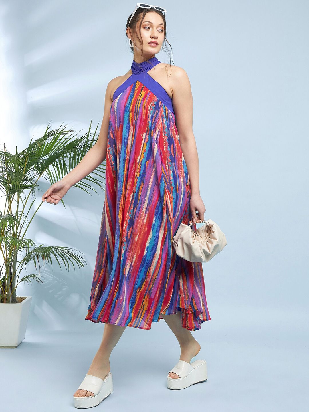 Antheaa Striped Printed Halter Neck A-Line Midi Dress