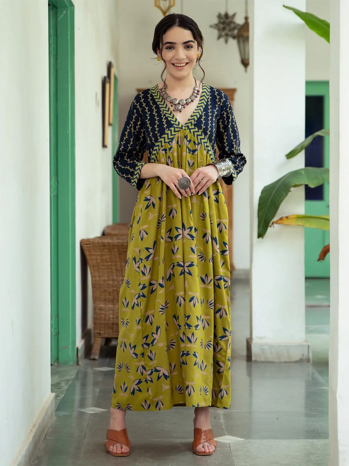 Rustorange Olive Green Floral Maxi Dress