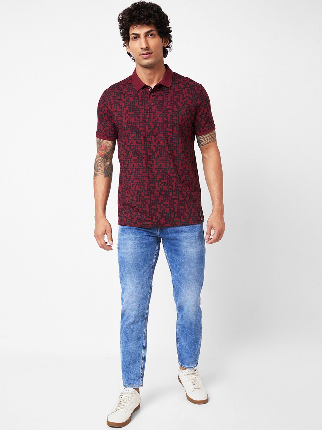 SPYKAR Abstract Printed Polo Collar Slim Fit T-shirt