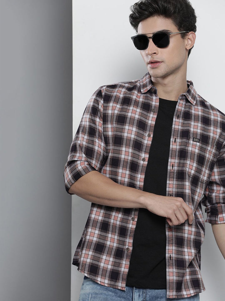 The Indian Garage Co Men Navy Blue & Peach-Coloured Cotton Checked Casual Shirt