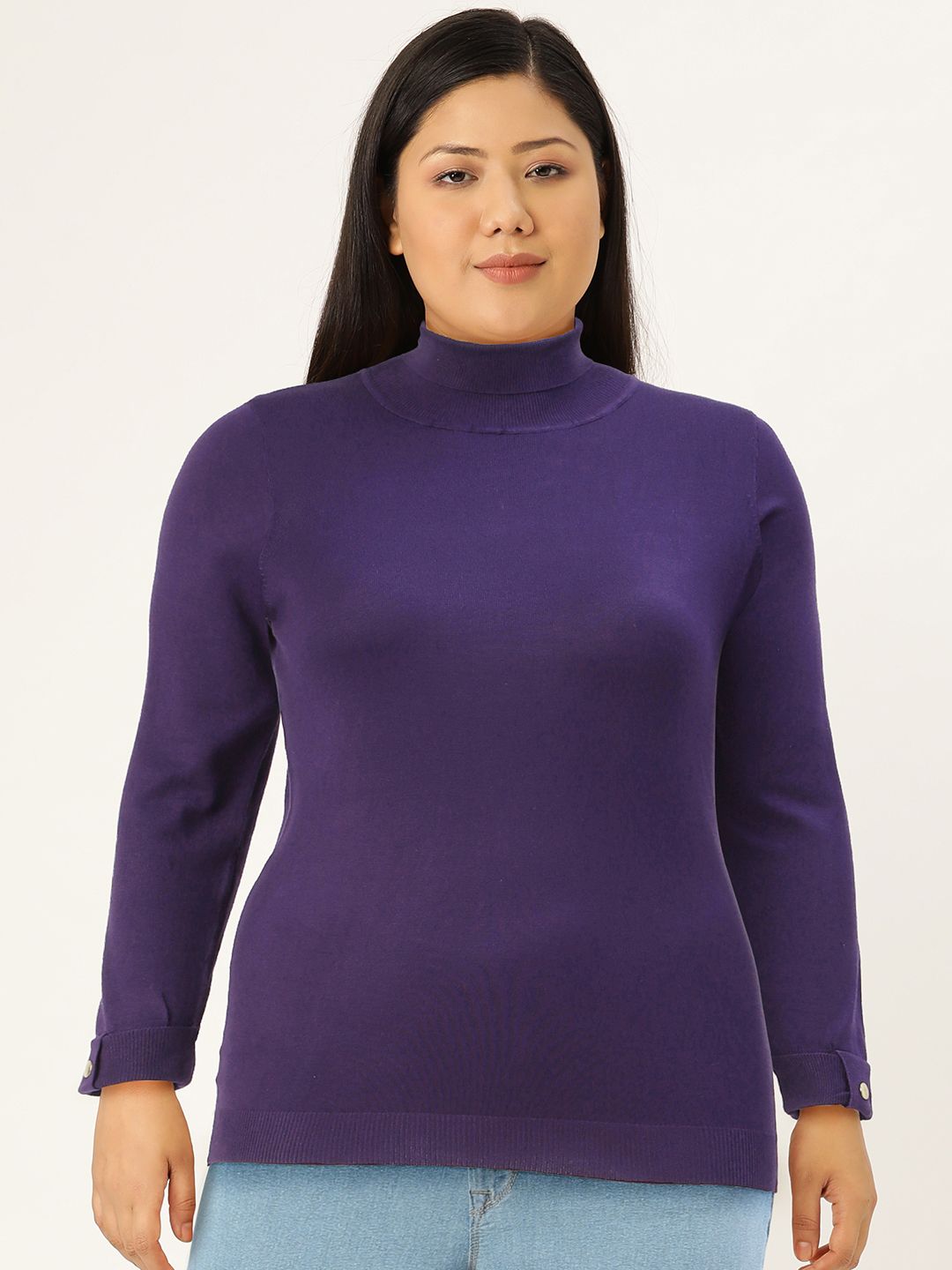 AND Women Purple Solid High Neck Top