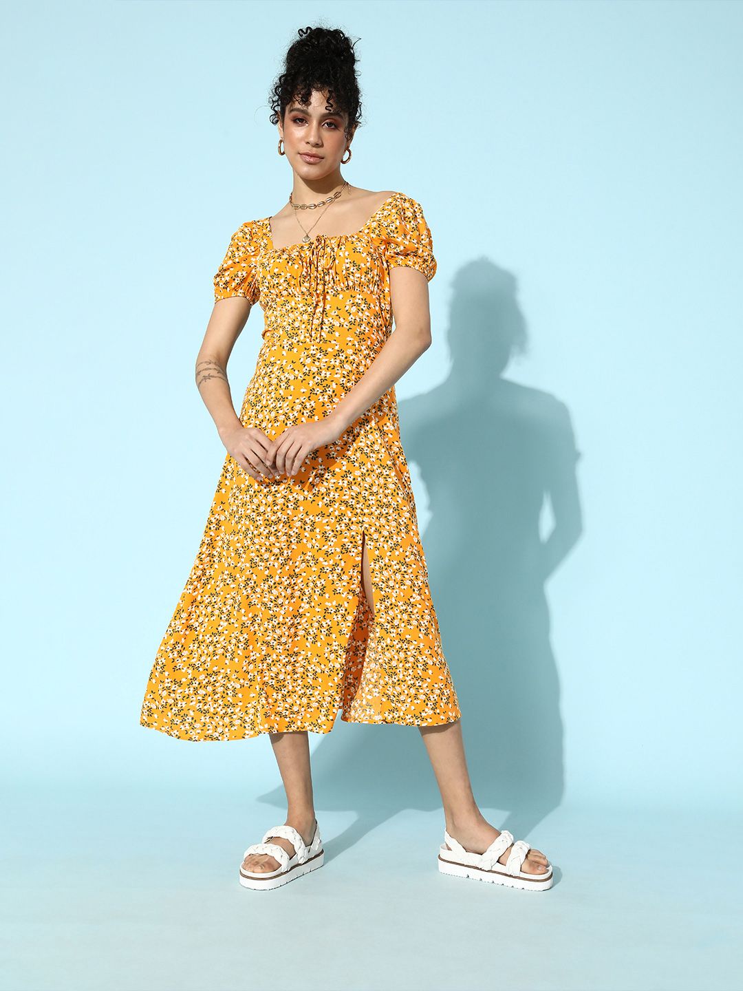 STREET 9 Women Stylish Mustard Floral Empire Dress