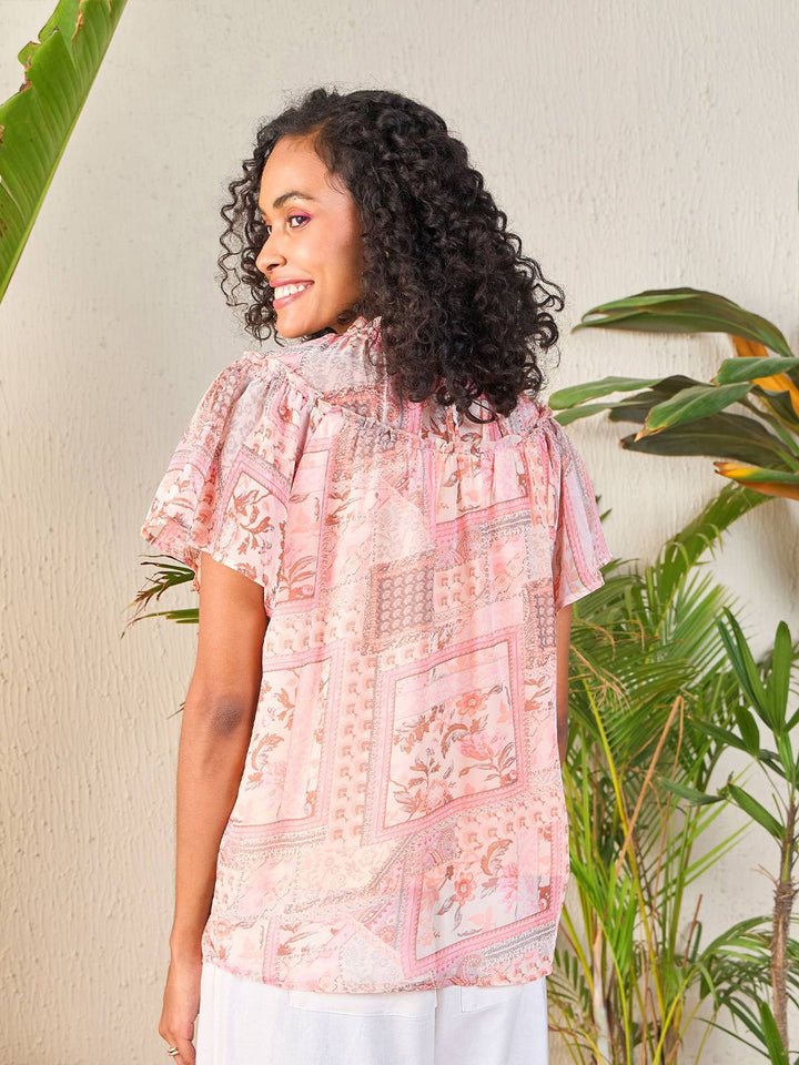 SASSAFRAS Peach-Coloured Floral Printed High Neck Flutter Sleeve Georgette Top