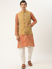 SOJANYA Men Orange Ethnic Motifs Kurta with Churidar & Nehru Jacket