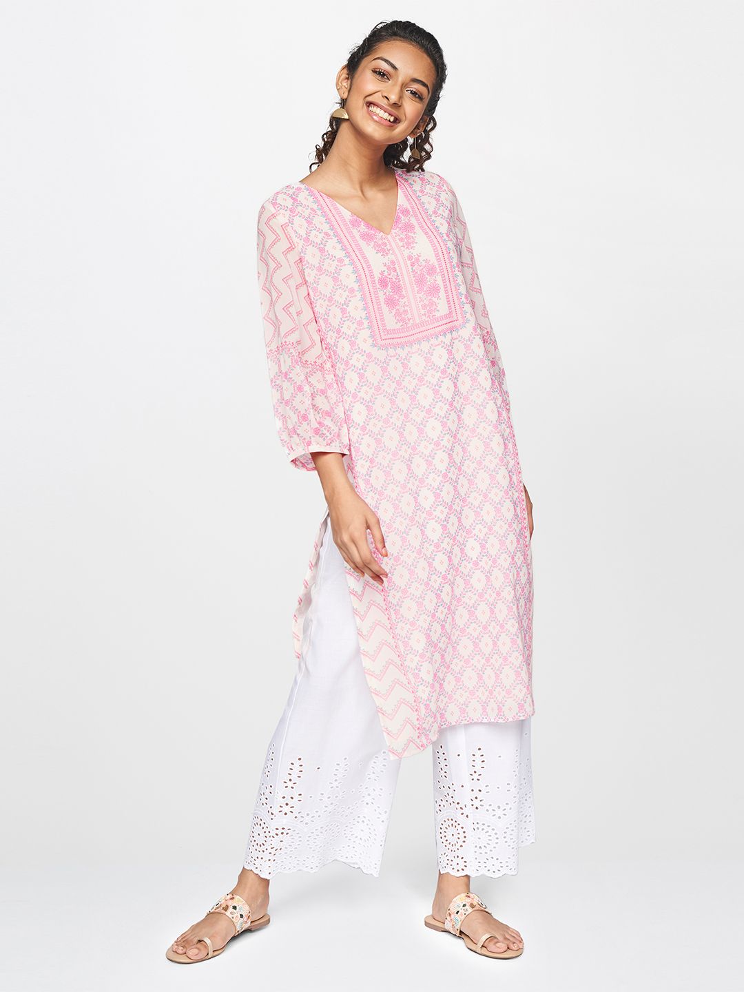 Global Desi Women Cream-Coloured & Pink Floral Printed V-Neck Straight Kurta