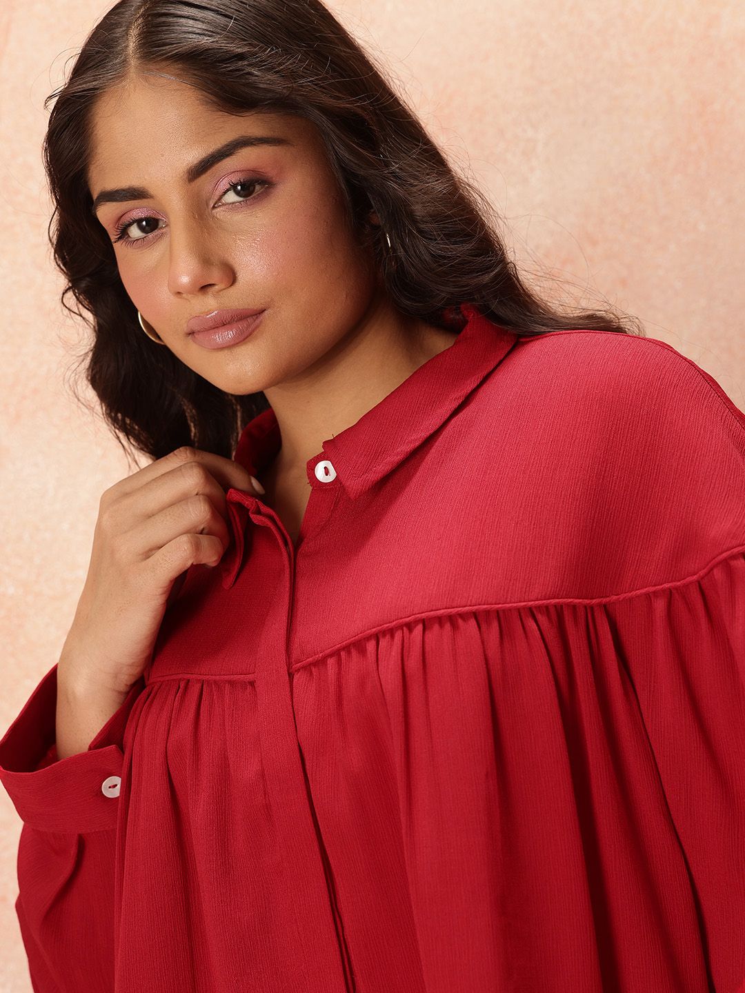 all about you Plus Size Puff Sleeves Shirt Style Longline Top