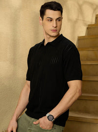DENNISON Men Oversized Polo Neck Semi Sheer Knitted Pure Cotton T-Shirt