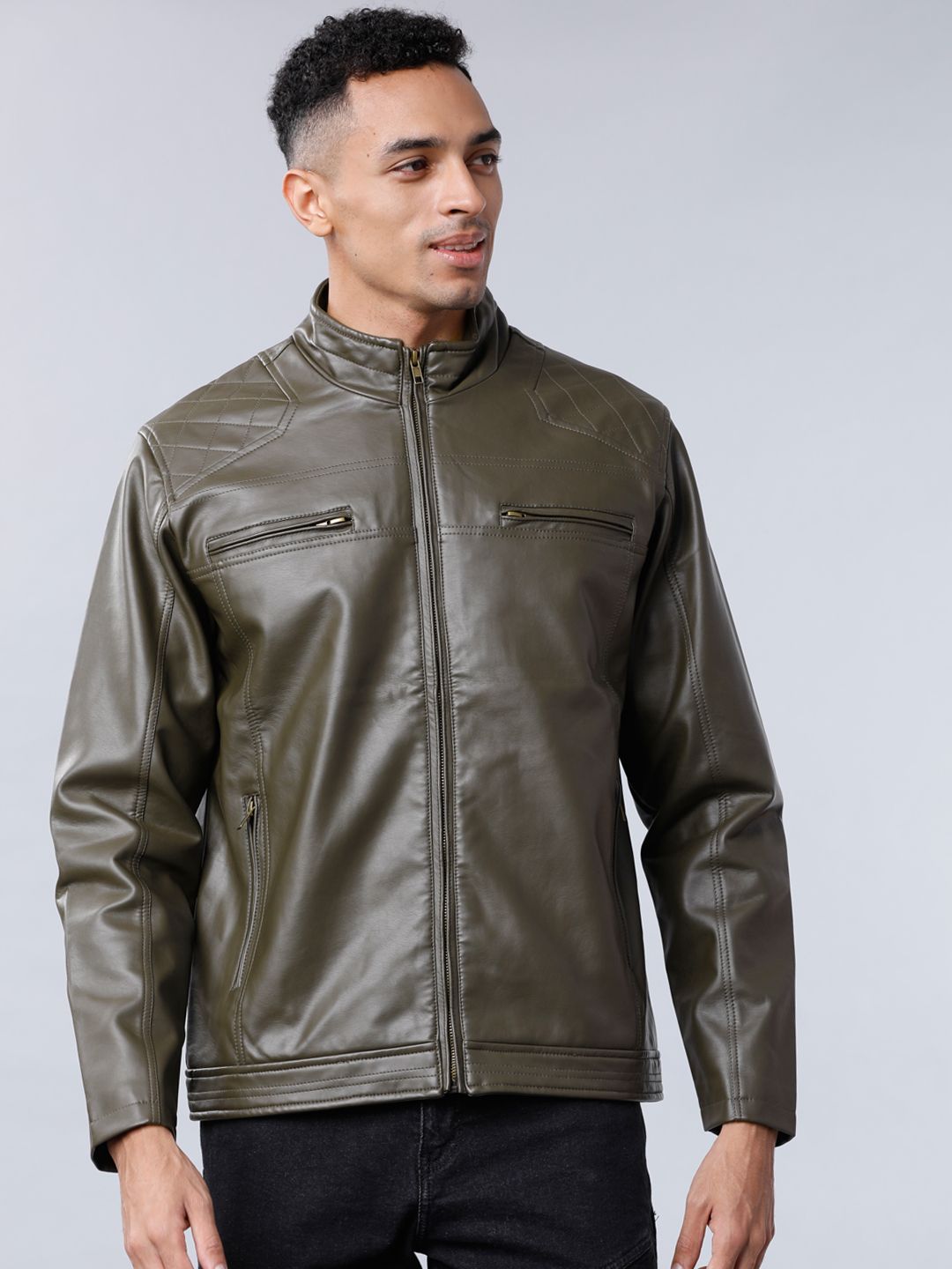 HIGHLANDER Men Olive Green Solid Biker Jacket