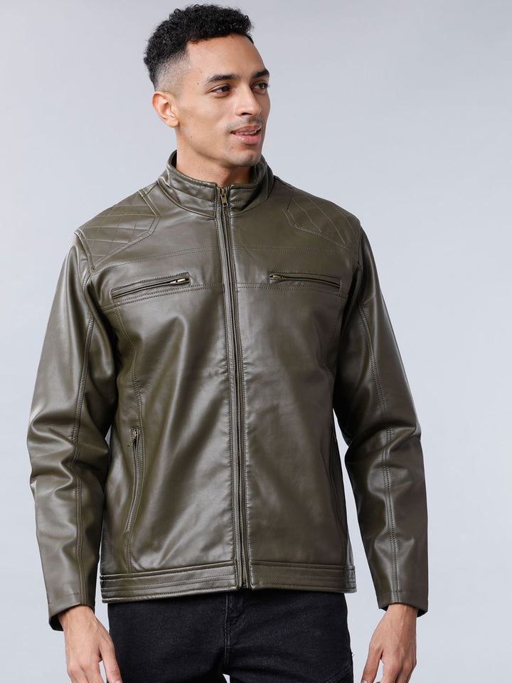 HIGHLANDER Men Olive Green Solid Biker Jacket