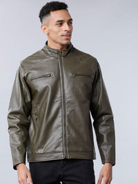HIGHLANDER Men Olive Green Solid Biker Jacket