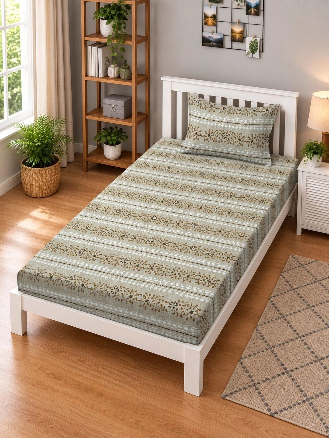 Moda Rapido X KLOTTHE Green & Brown Floral 400 TC Single Bedsheet with 1 Pillow Covers