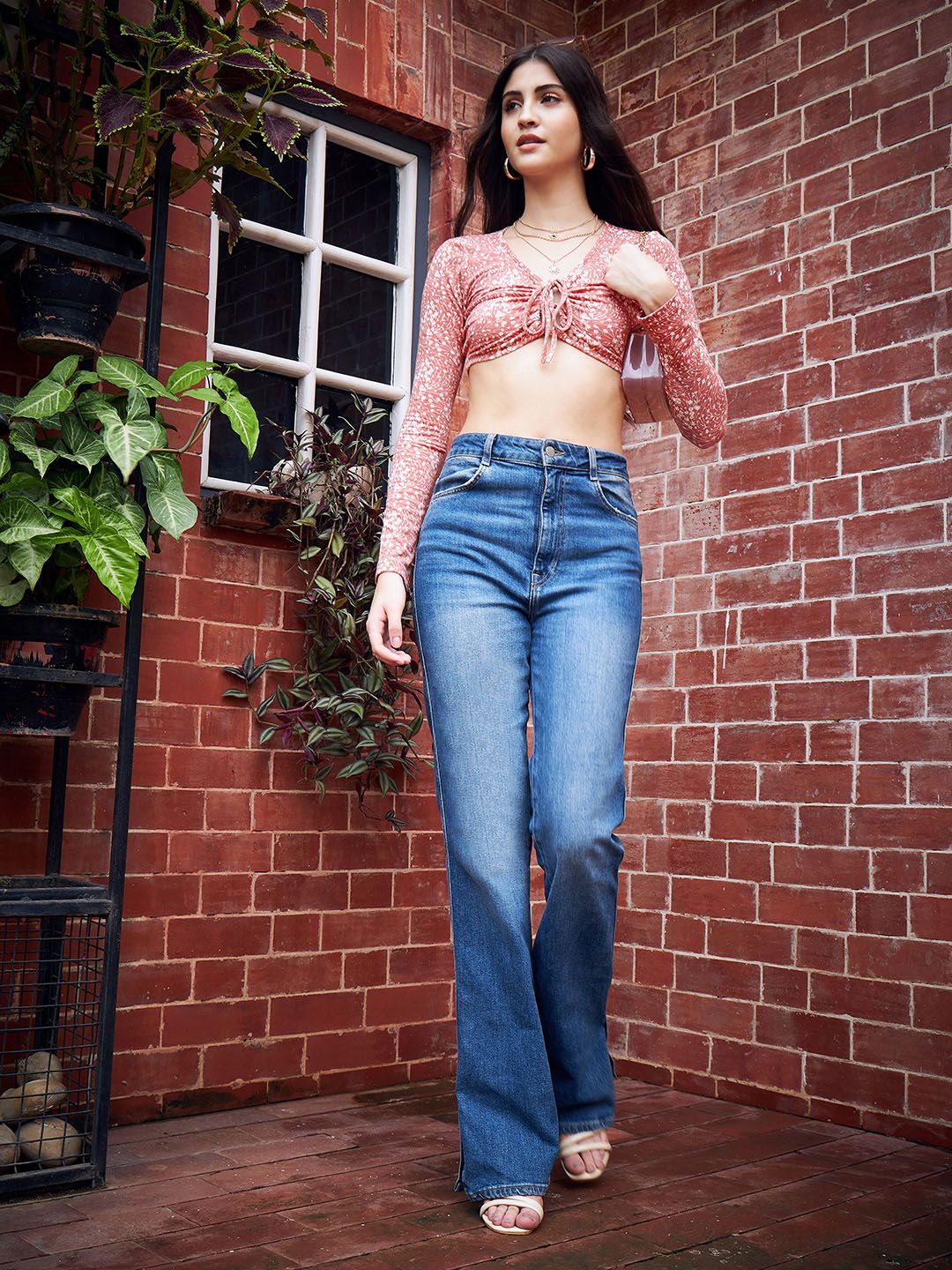 Berrylush Orange Floral Printed Scoop Neck Tie-Ups Detail Bralette Crop Top