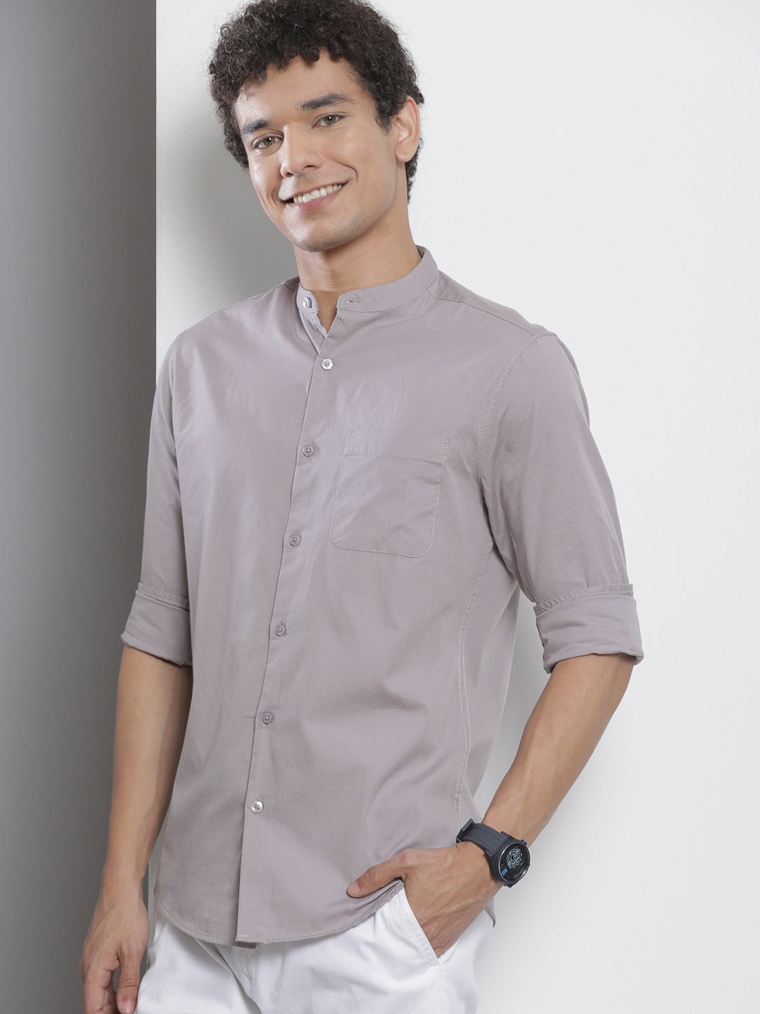 The Indian Garage Co Men Lavender Solid Pure Cotton Casual Shirt