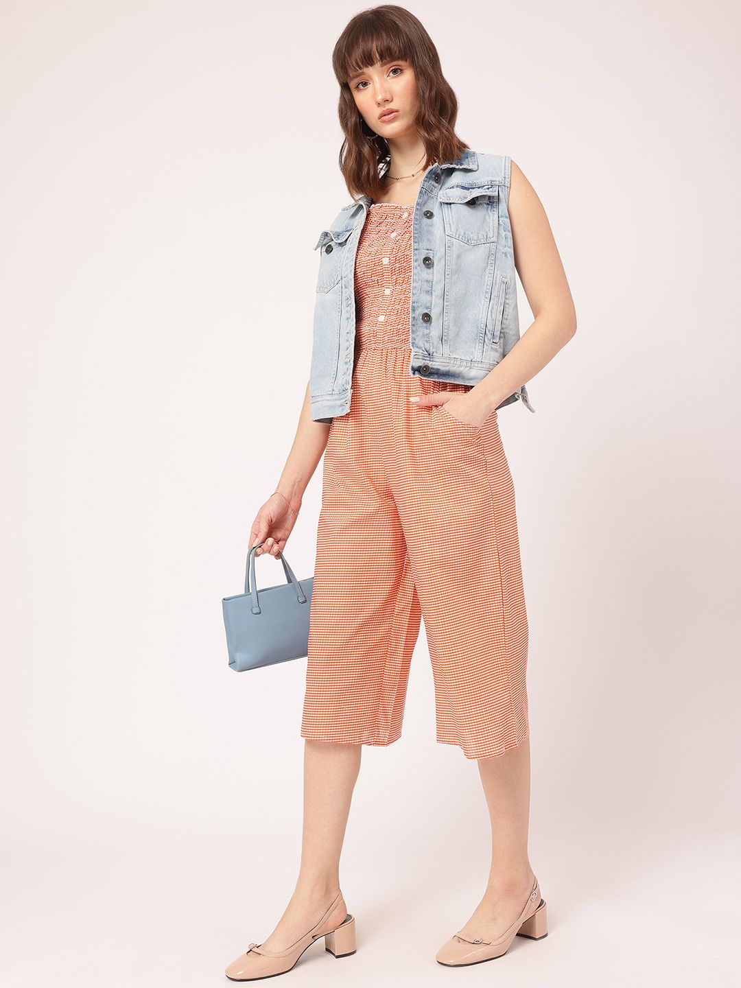 DressBerry Casual Getaway Gingham Checks Smocked Culotte Jumpsuit